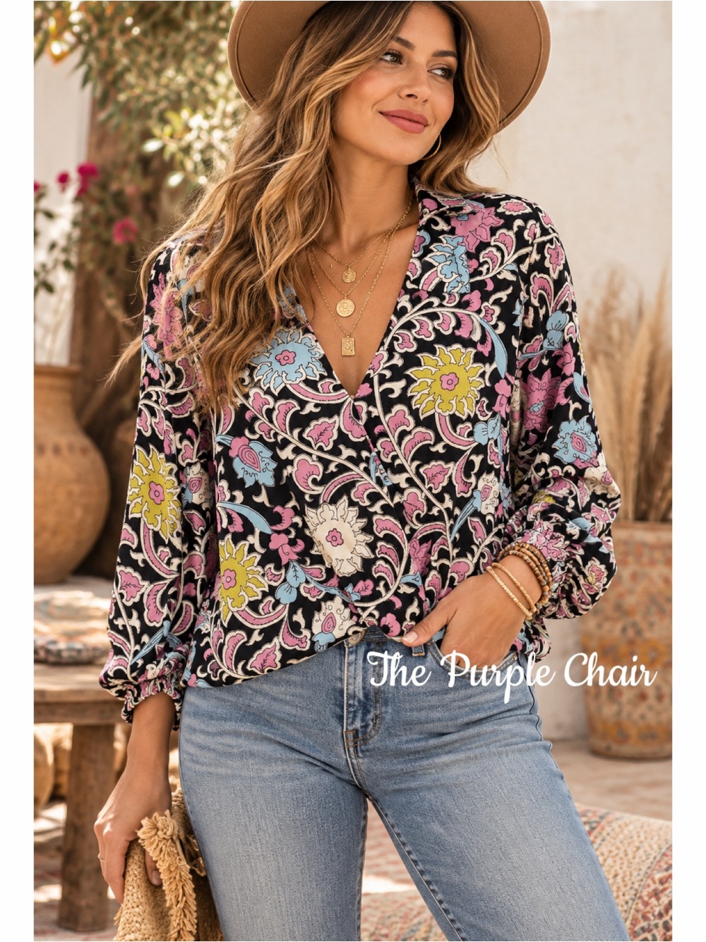 CYNTHIA ROWLEY NWT Long Sleeve Floral Faux Wrap Top M